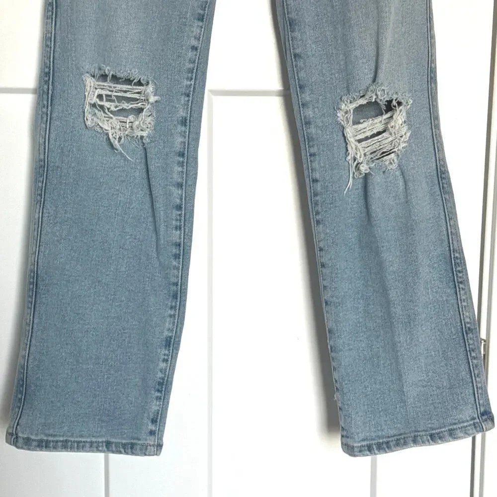 Good American Medium Wash Distressed Straight Leg Blue Jeans GSTL67T - 4/27
